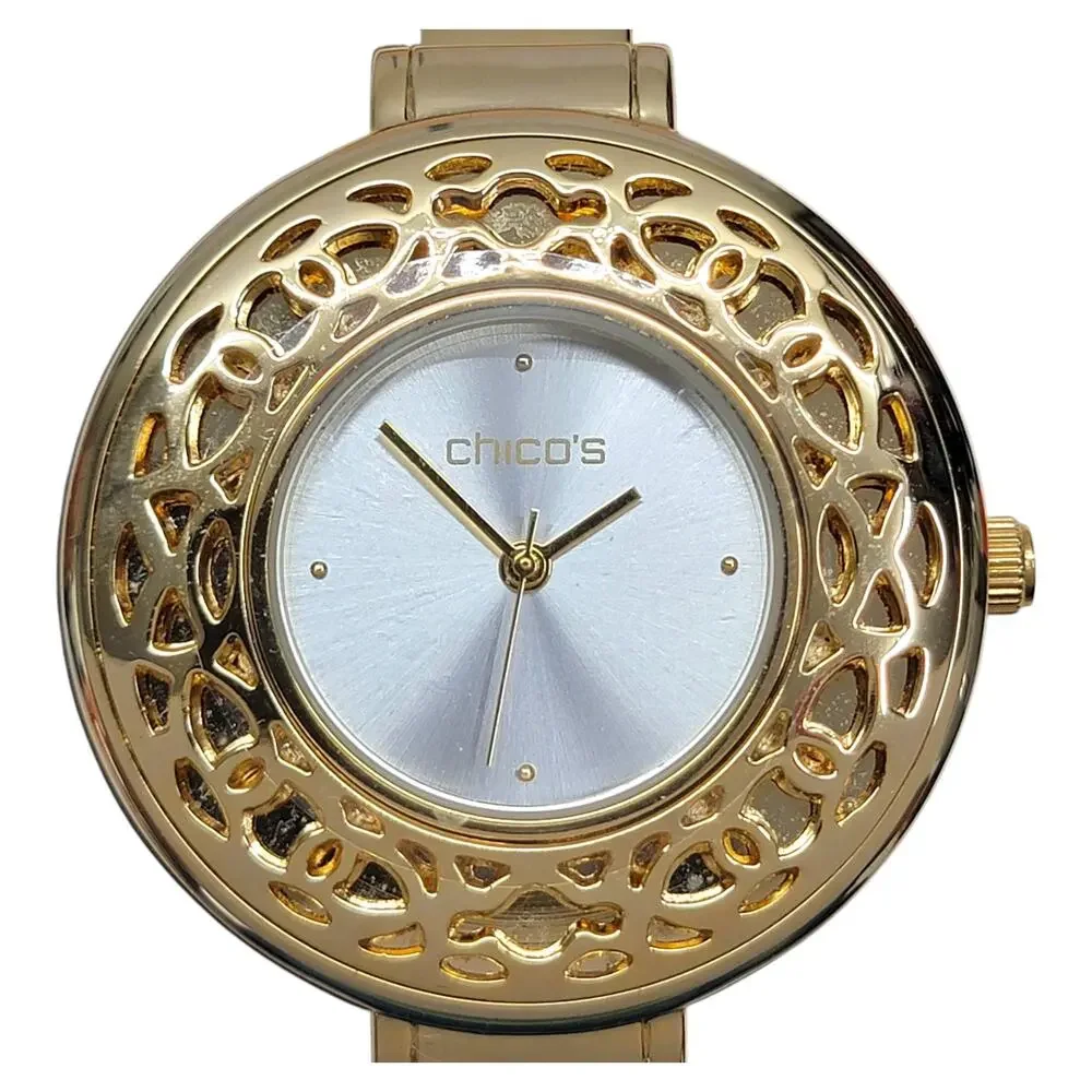 Chicos Portia Watch Womens Gold Tone Openwork Filigree Cuff Bangle New Battery